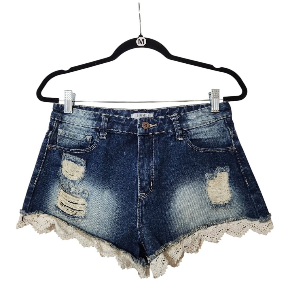 Like New Dark Wash FOREVER 21 Distressed Lace Trim Shorts 27